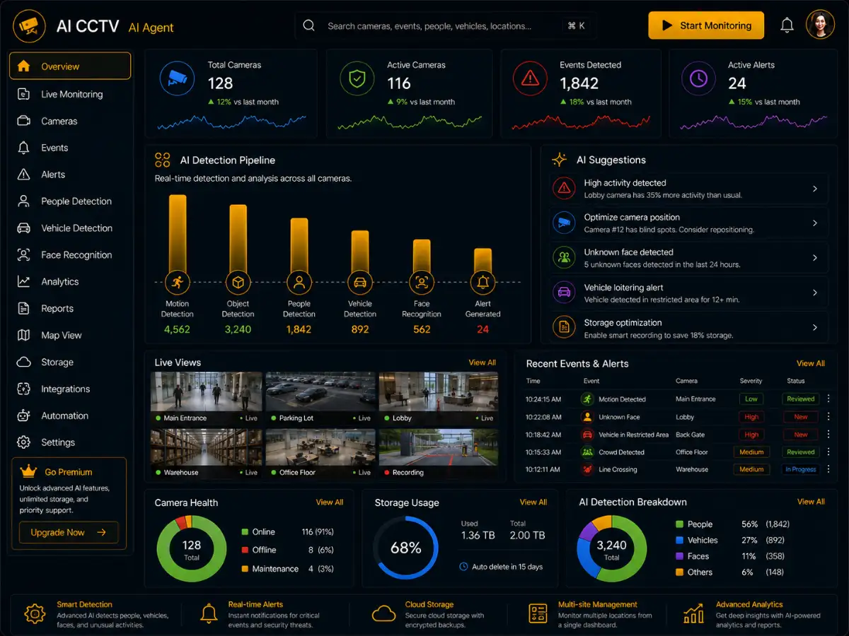 aicctv.app AI CCTV monitoring app — dashboard preview